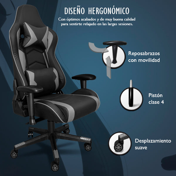 Silla Gaming Ergonómica Reclinable con Cojín Lumbar y Cervical | Altura Ajustable, Reposabrazos Ajustables, Ruedas 360°