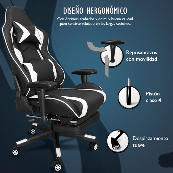Silla Gaming Ergonómica Reclinable con Cojín Lumbar y Cervical | Altura Ajustable, Reposabrazos Ajustables, Ruedas 360°