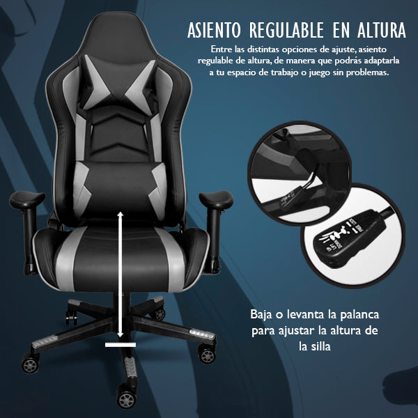 Silla Gaming Ergonómica Reclinable con Cojín Lumbar y Cervical | Altura Ajustable, Reposabrazos Ajustables, Ruedas 360°