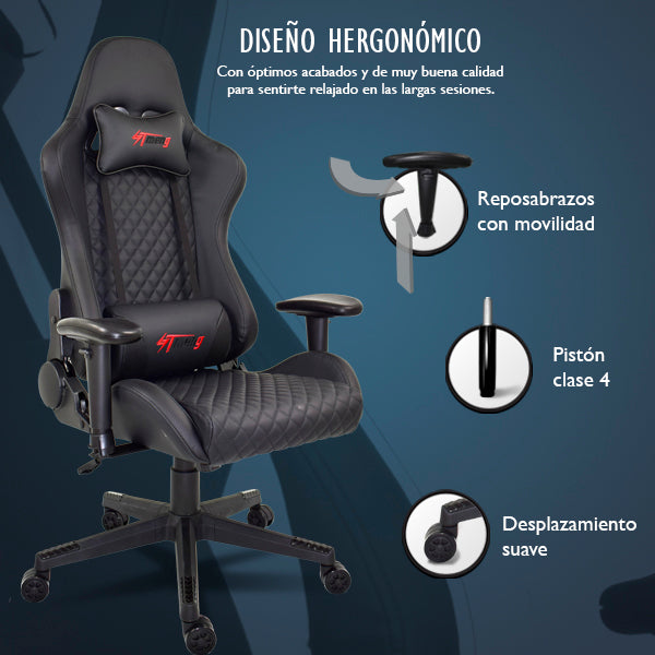 Silla Gaming Ergonómica Reclinable con Cojín Lumbar y Cervical | Altura Ajustable, Reposabrazos Ajustables, Ruedas 360°
