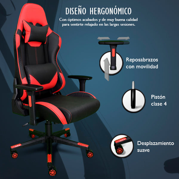 Silla Gaming Ergonómica Reclinable con Cojín Lumbar y Cervical | Altura Ajustable, Reposabrazos Ajustables, Ruedas 360°