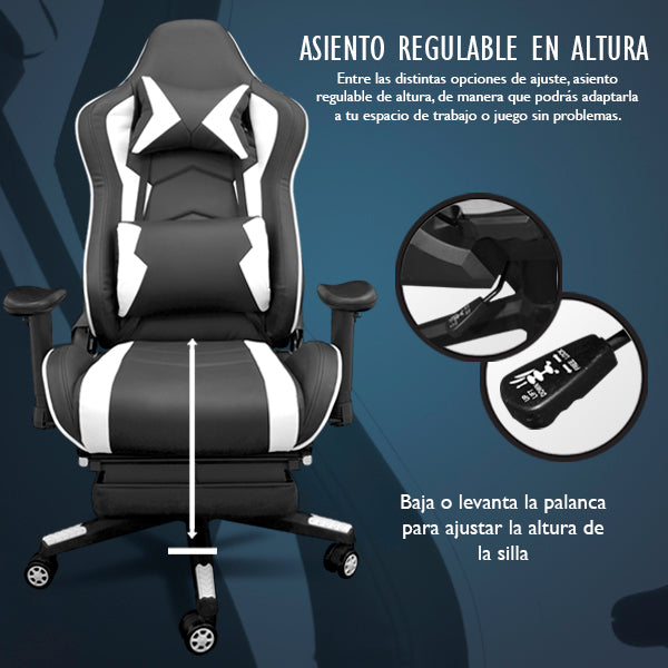 Silla Gaming Ergonómica Reclinable con Cojín Lumbar y Cervical | Altura Ajustable, Reposabrazos Ajustables, Ruedas 360°