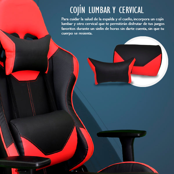 Silla Gaming Ergonómica Reclinable con Cojín Lumbar y Cervical | Altura Ajustable, Reposabrazos Ajustables, Ruedas 360°