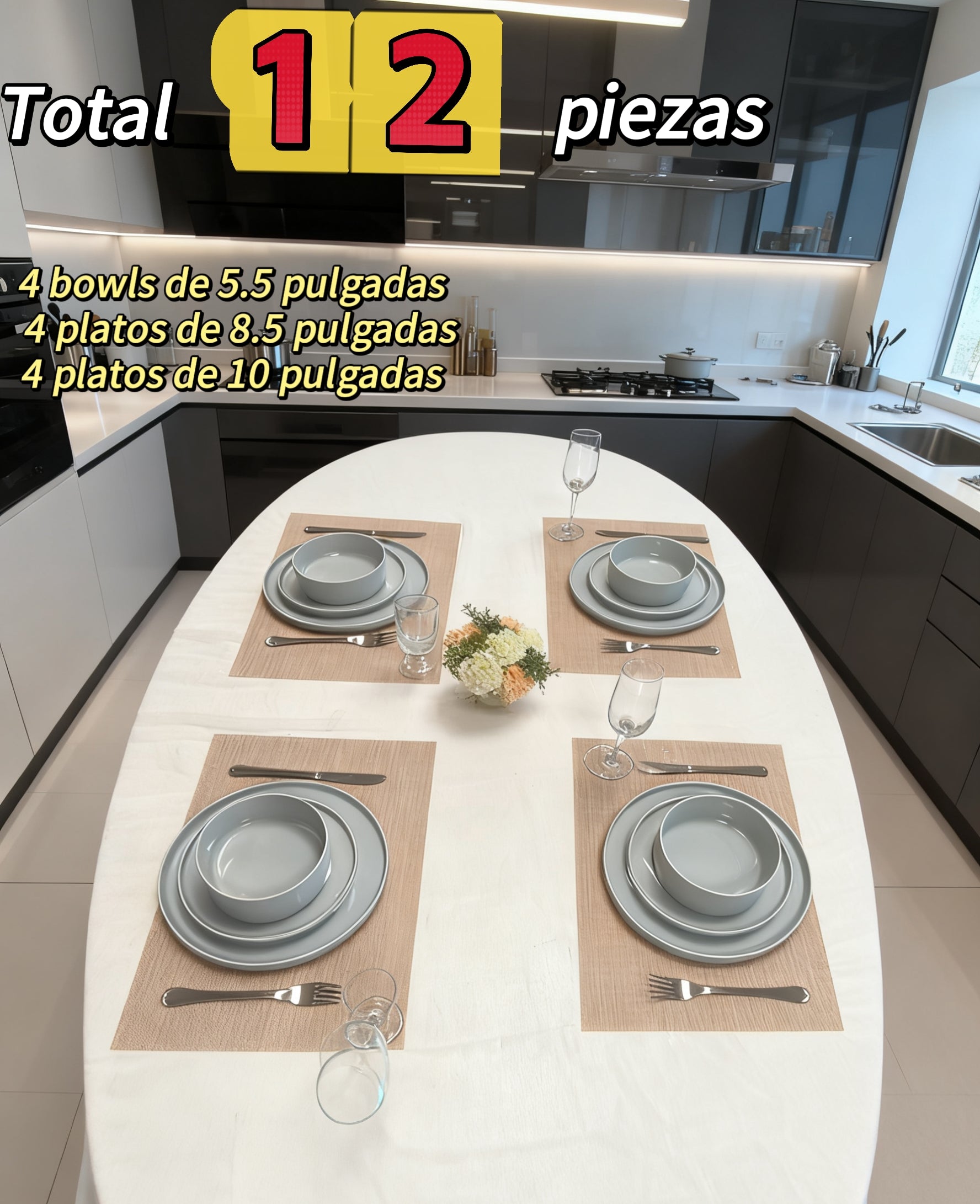 Juego de Vajilla Nórdica de Cerámica 12 Piezas Versión Básica 4 Conjuntos Diseño Minimalista Textura Natural Tipo Sésamo Apto para Microondas y Lavavajillas