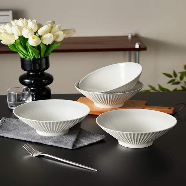 Bol para Sopa de 8" de Cerámica Acanalado Vertical en Set de 4 Piezas gris en abajo/arriba Diseño Moderno y Elegante para Pasta Ensaladas y Sopas