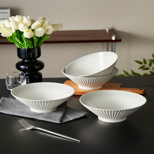 Bol para Sopa de 8" de Cerámica Acanalado Vertical en Set de 4 Piezas gris en abajo/arriba Diseño Moderno y Elegante para Pasta Ensaladas y Sopas