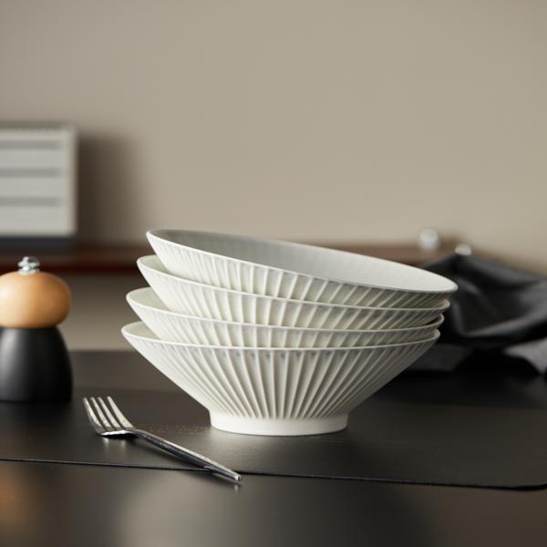 Bol para Sopa de 8" de Cerámica Acanalado Vertical en Set de 4 Piezas gris en abajo/arriba Diseño Moderno y Elegante para Pasta Ensaladas y Sopas