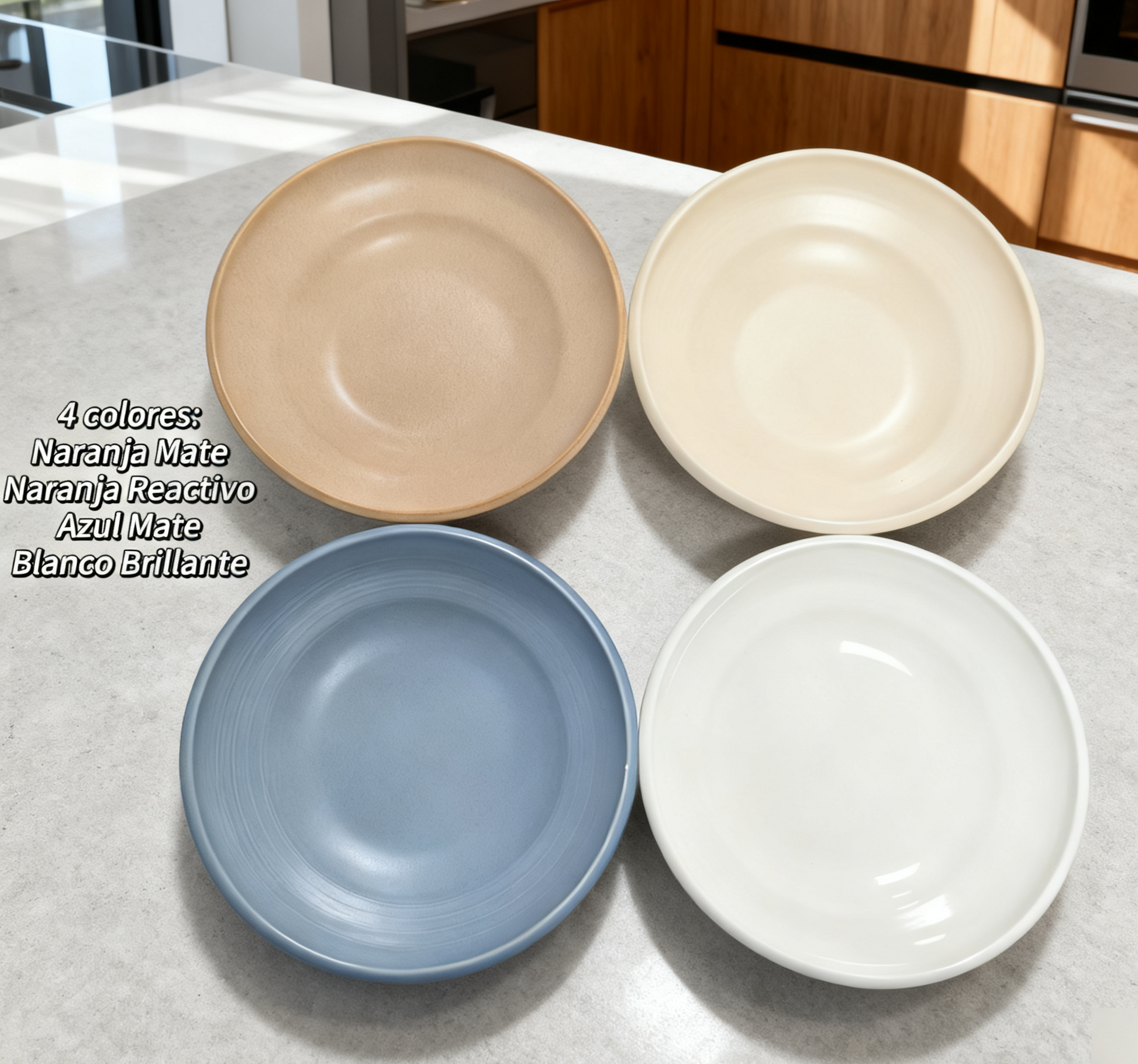 Plato de Sopa 8.5" Azul Mate/Naranja Mate/Naranja Reactivo Mate/Blanco Brillante Juego de 4 Piezas Cerámica Premium Diámetro 21.5 cm Seguro Microondas Lavavajillas