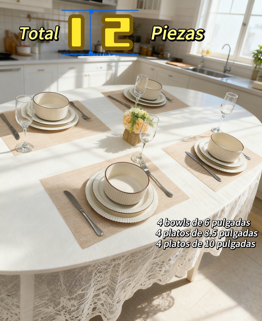 Juego de Vajilla Nórdica de Cerámica 12 Piezas 4 Conjuntos Plato Grande 10 Pulgadas Plato Mediano 8.5 Pulgadas Cuenco 6 Pulgadas Resistente Elegante Apto para Microondas y Lavavajillas