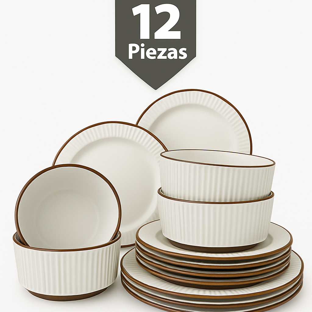 Juego de Vajilla Nórdica de Cerámica 12 Piezas 4 Conjuntos Plato Grande 10 Pulgadas Plato Mediano 8.5 Pulgadas Cuenco 6 Pulgadas Resistente Elegante Apto para Microondas y Lavavajillas
