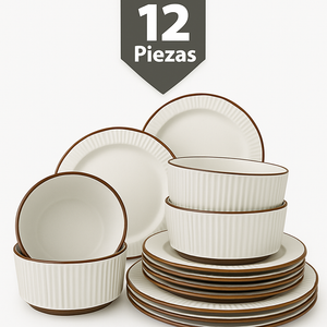 Juego de Vajilla Nórdica de Cerámica 12 Piezas 4 Conjuntos Plato Grande 10 Pulgadas Plato Mediano 8.5 Pulgadas Cuenco 6 Pulgadas Resistente Elegante Apto para Microondas y Lavavajillas