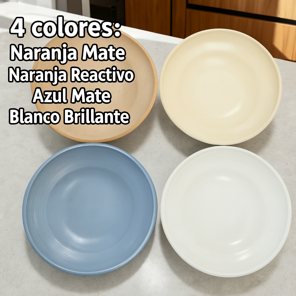 Plato de Sopa 8.5" Azul Mate/Naranja Mate/Naranja Reactivo Mate/Blanco Brillante Juego de 4 Piezas Cerámica Premium Diámetro 21.5 cm Seguro Microondas Lavavajillas